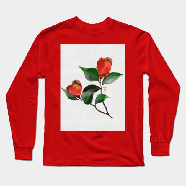 Red watercolor and sumiE ink camellia flowers Long Sleeve T-Shirt by cuisinecat